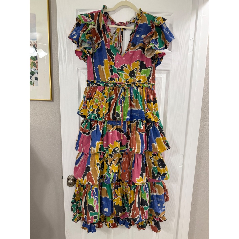 Love The Label Mix-Print Tiered Ruffle Midi Dress Size Large Multicolor Cotton - Picture 3 of 8